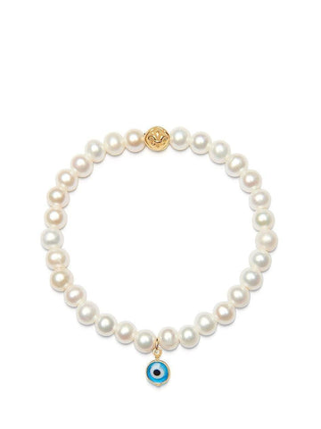 Nialaya Women's Beaded Bracelet Wristband with White Pearls and Blue Evil Eye Charm